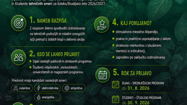Razpis kadrovskih štipendij in vajeniških mest za šolsko/študijsko leto 2026/2027